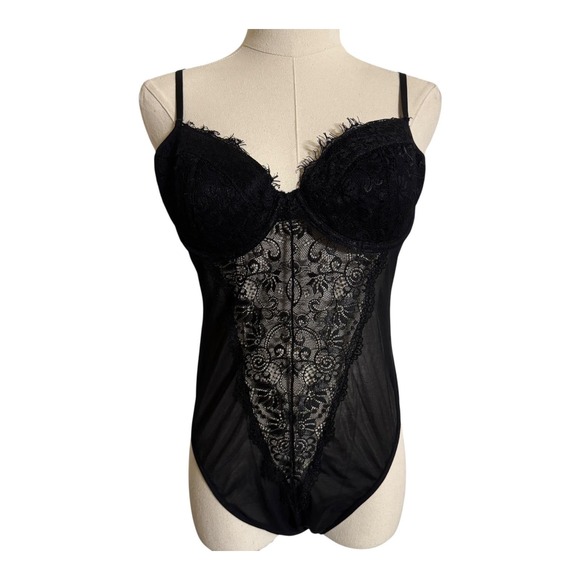 Forever‎ 21 Black Lace Lingerie Bodysuit Size XL Teddy One-Piece Intimates Trim - Picture 1 of 11